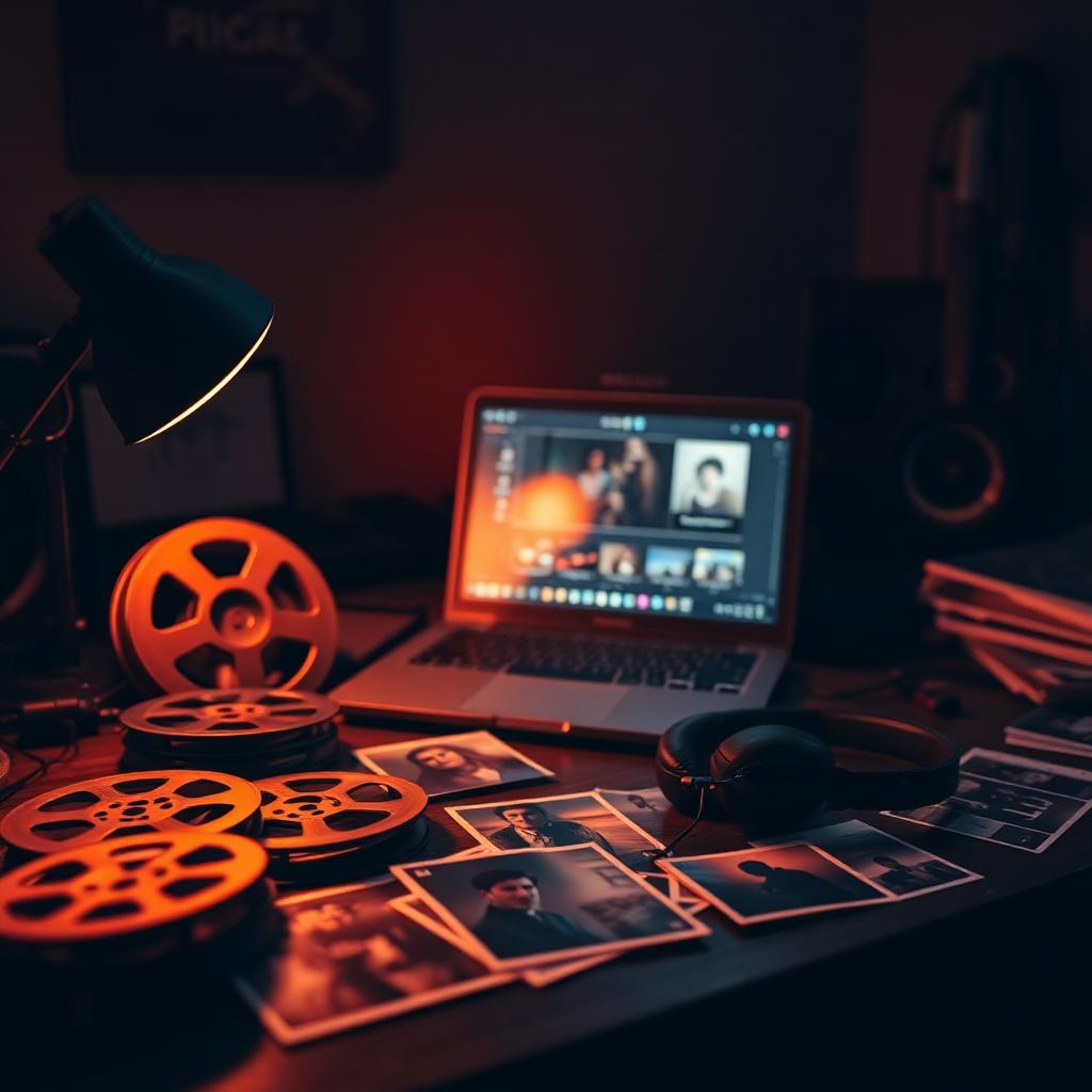 Creator workspace with film reels, laptop and archival photographs